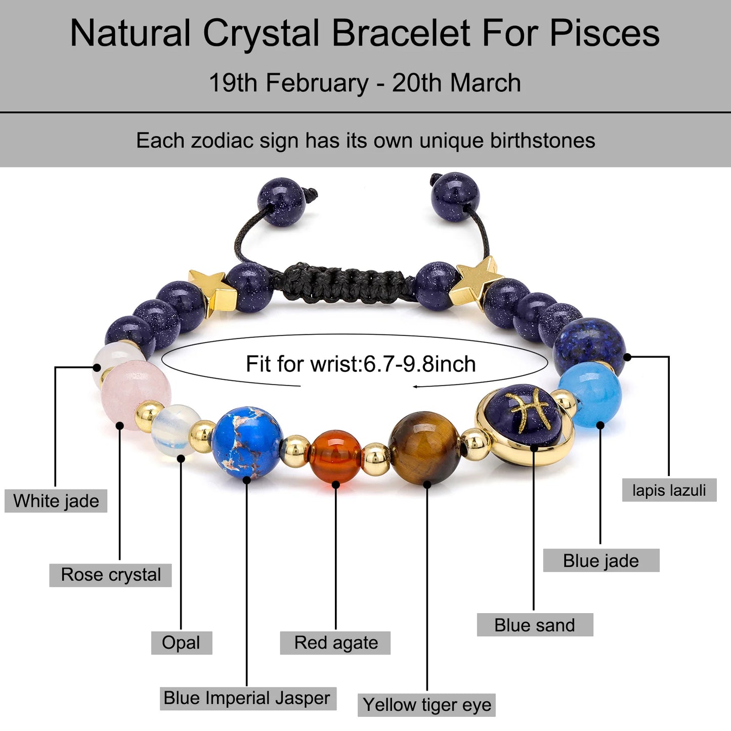Pisces horoscope bracelet with braided adjustable cord.