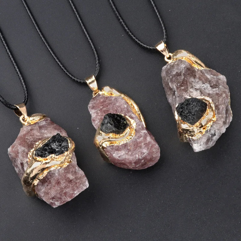 Raw rose quartz pendant on rope chain necklace