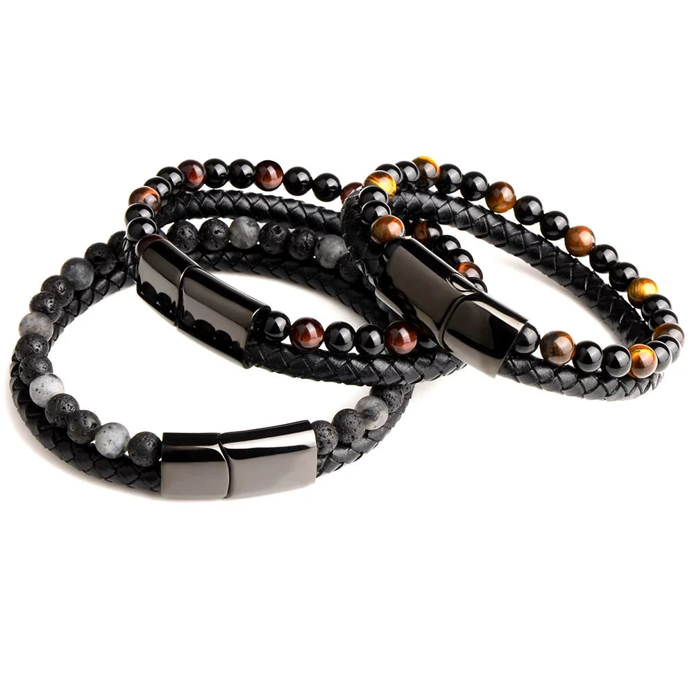Red tiger eye and lava stones bracelet paired with sleek leather band