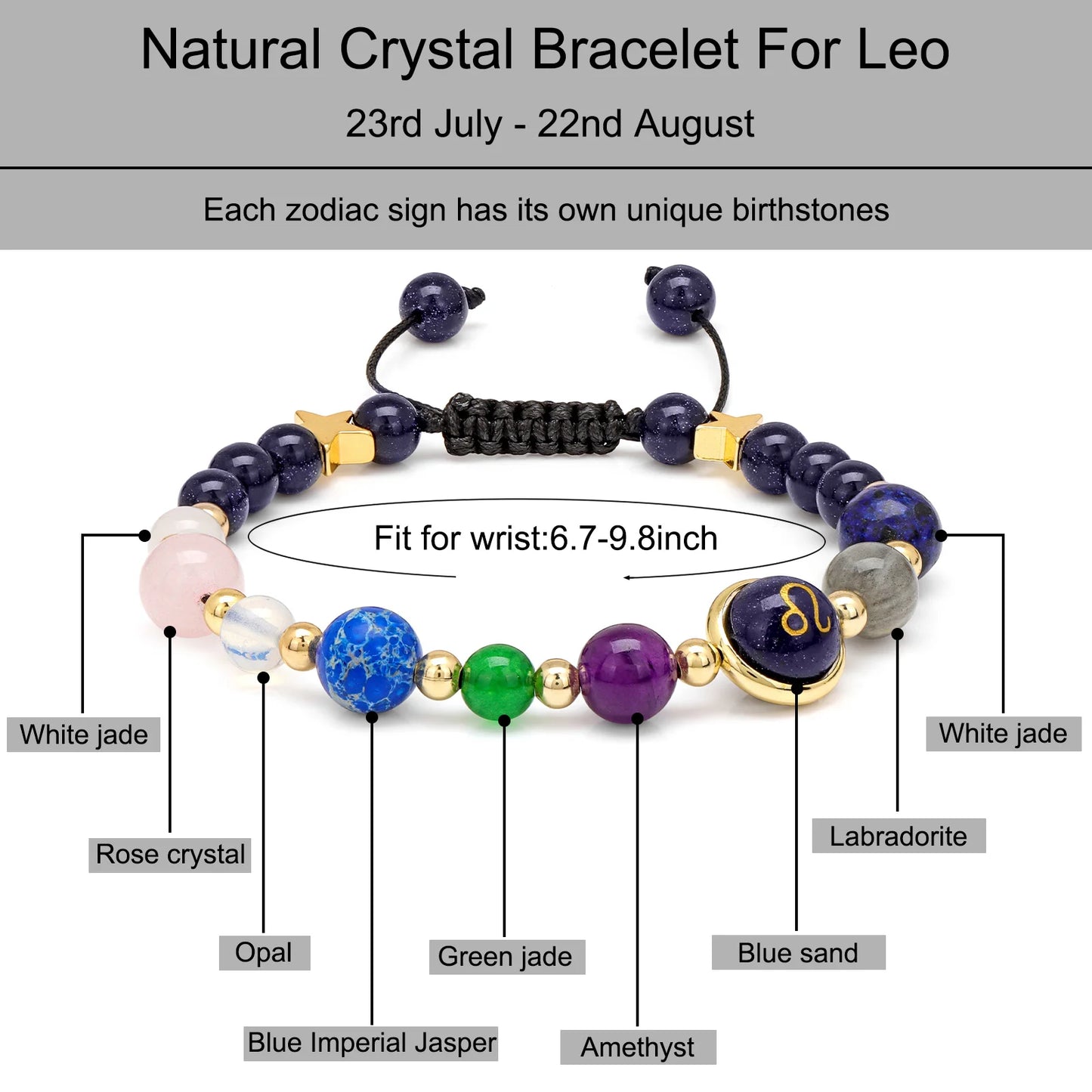Spiritual energy bracelet with Leo horoscope sign.
