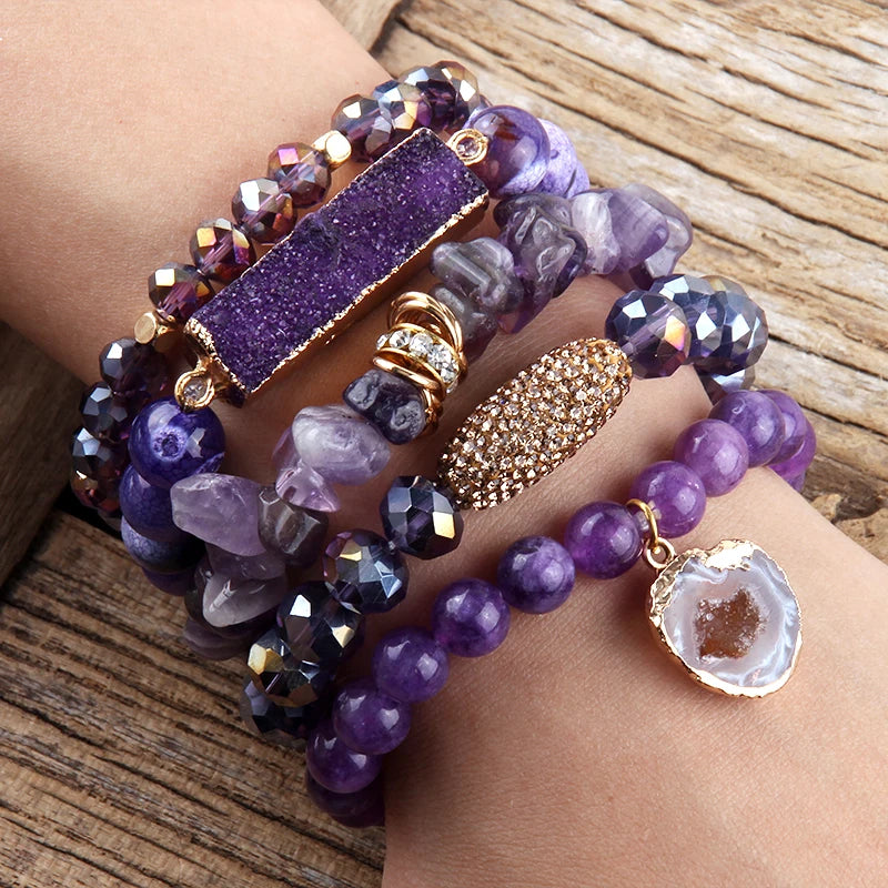 Stackable druzy charm bracelets in elegant black tones