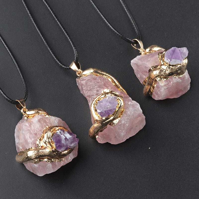 Strawberry quartz rough stone pendant necklace
