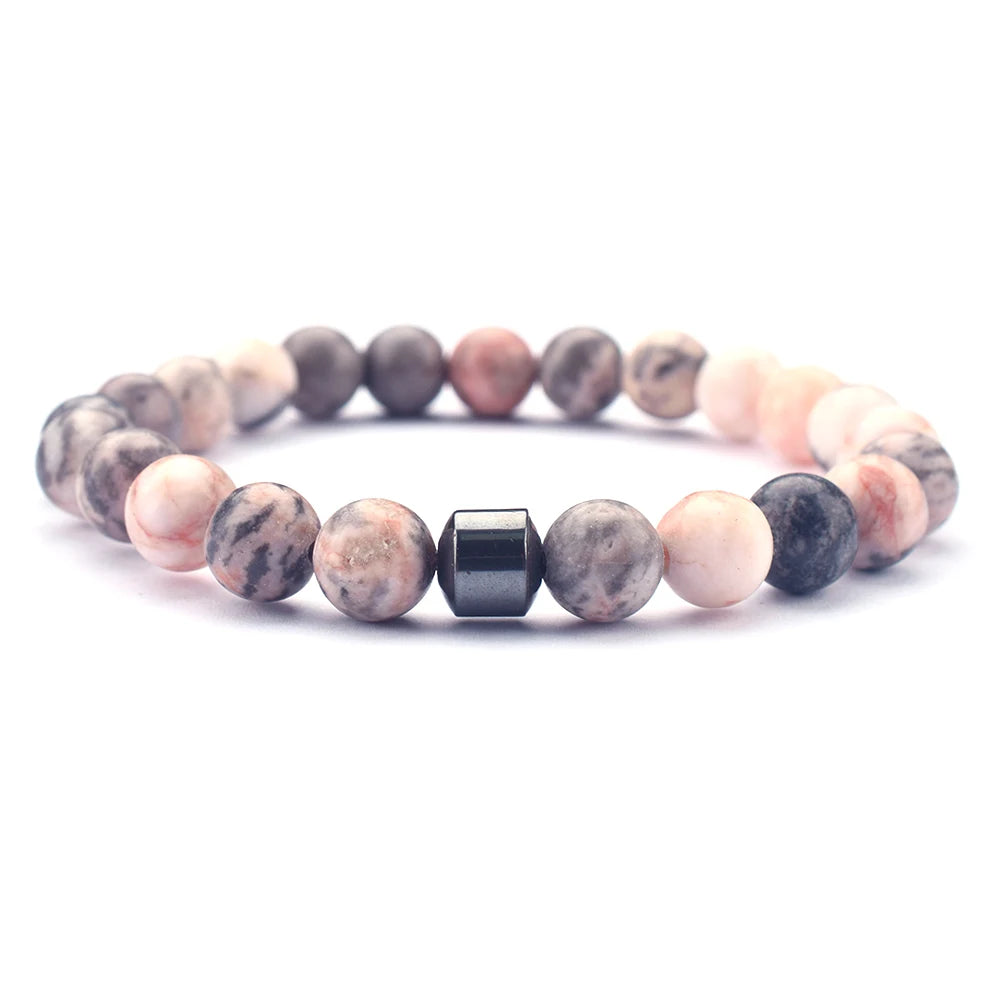 Stretch beaded bracelet on wooden display stand