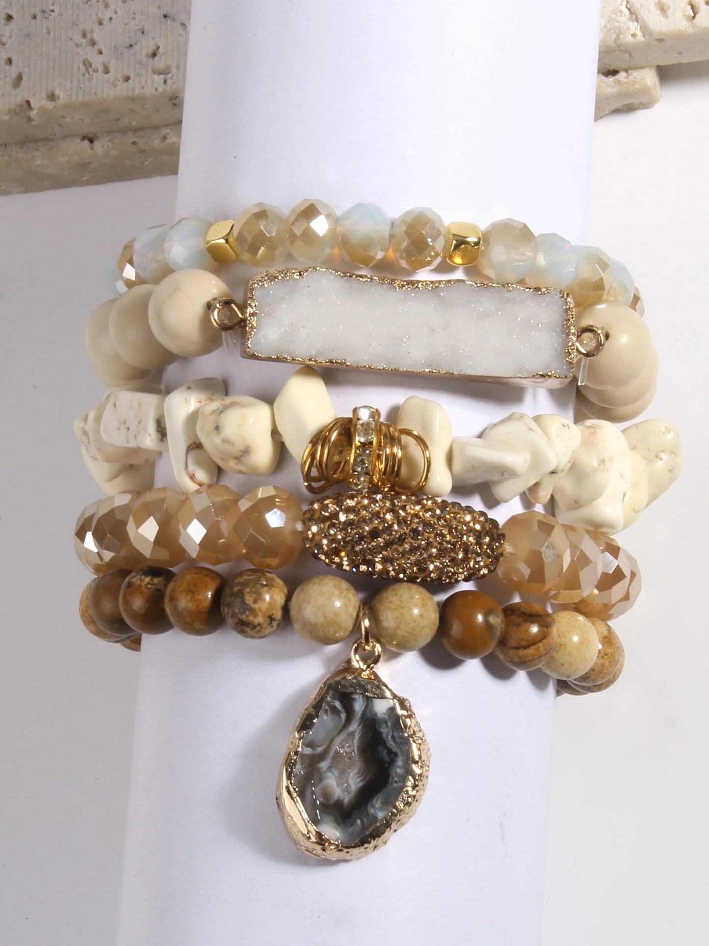Stylish beige tone crystal bracelet stack for women