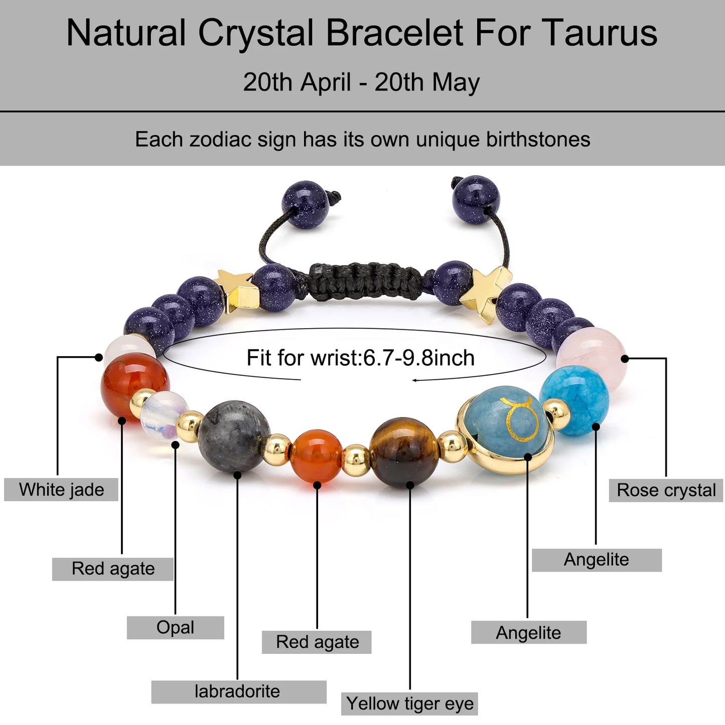 Taurus zodiac charm bracelet with natural gemstone beads.