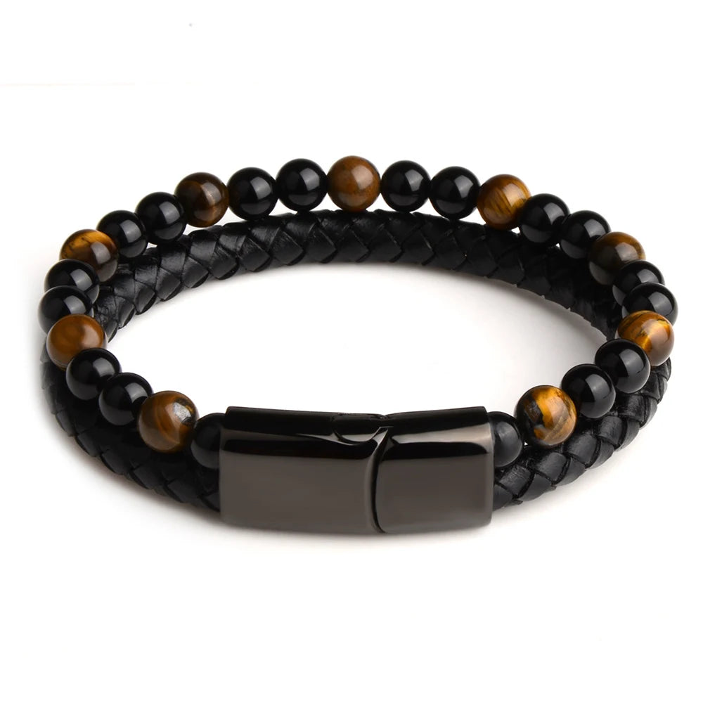 Textured black grid stone bracelet with leather band