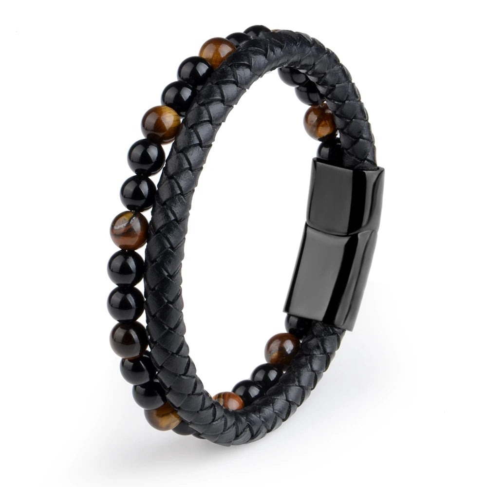 Tiger eye stone bracelet with brown leather strap