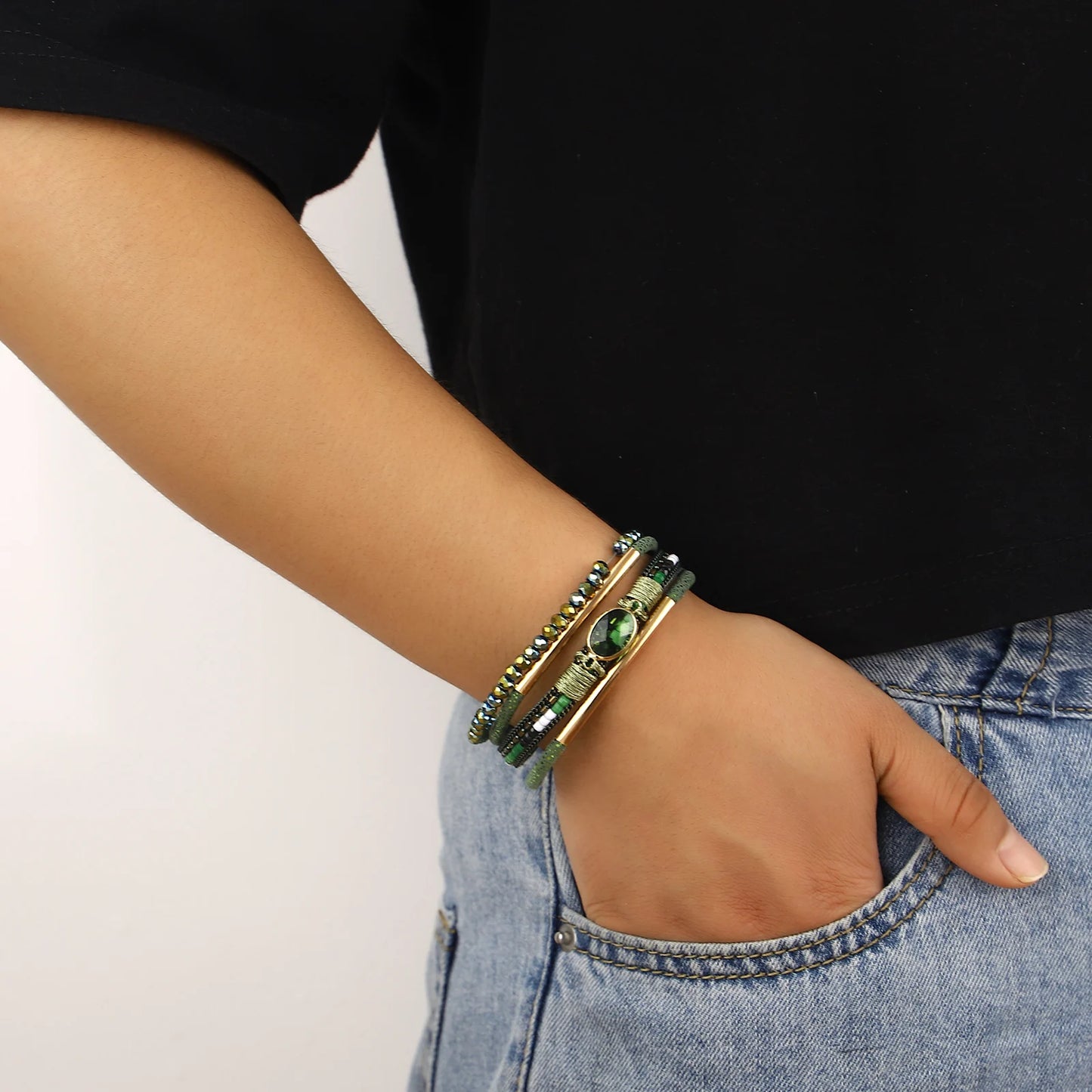 Wide leather cuff with reflective crystal stones