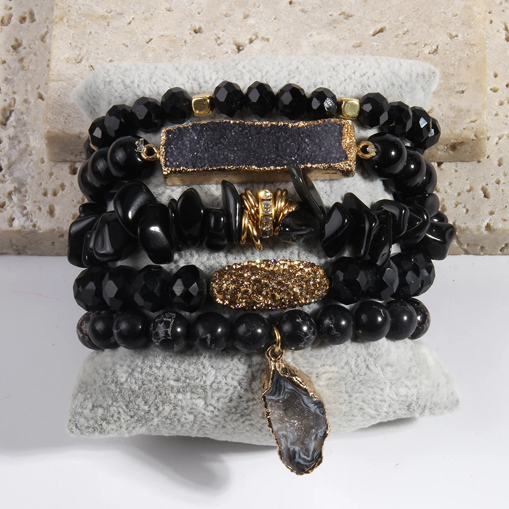black gemstone beaded bracelet with druzy charm