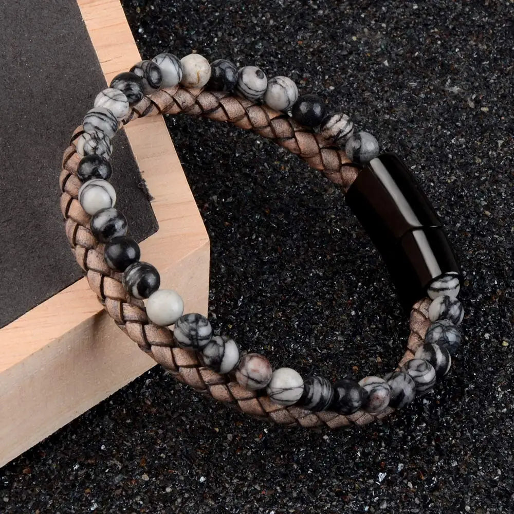 black grid stone and black leather bracelet with magnetic clasp