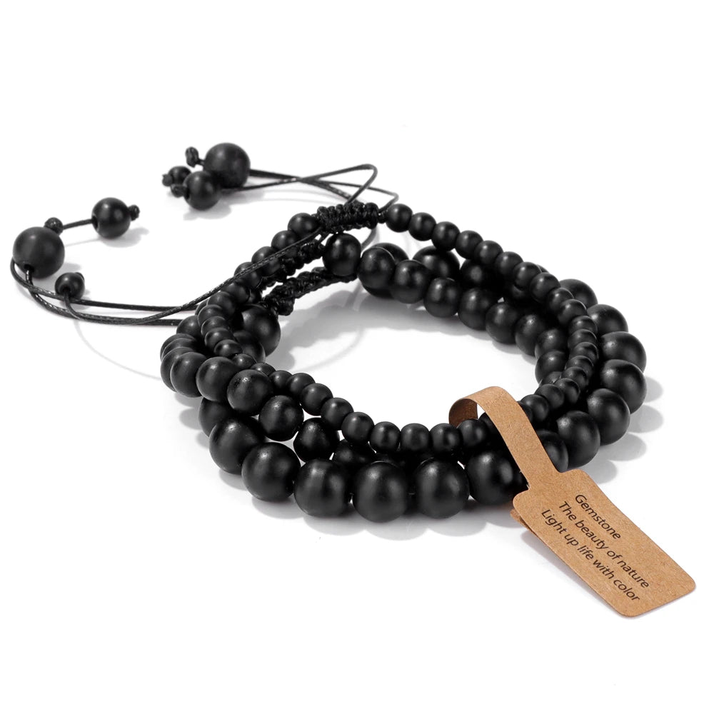 black stone bracelet with adjustable woven cord