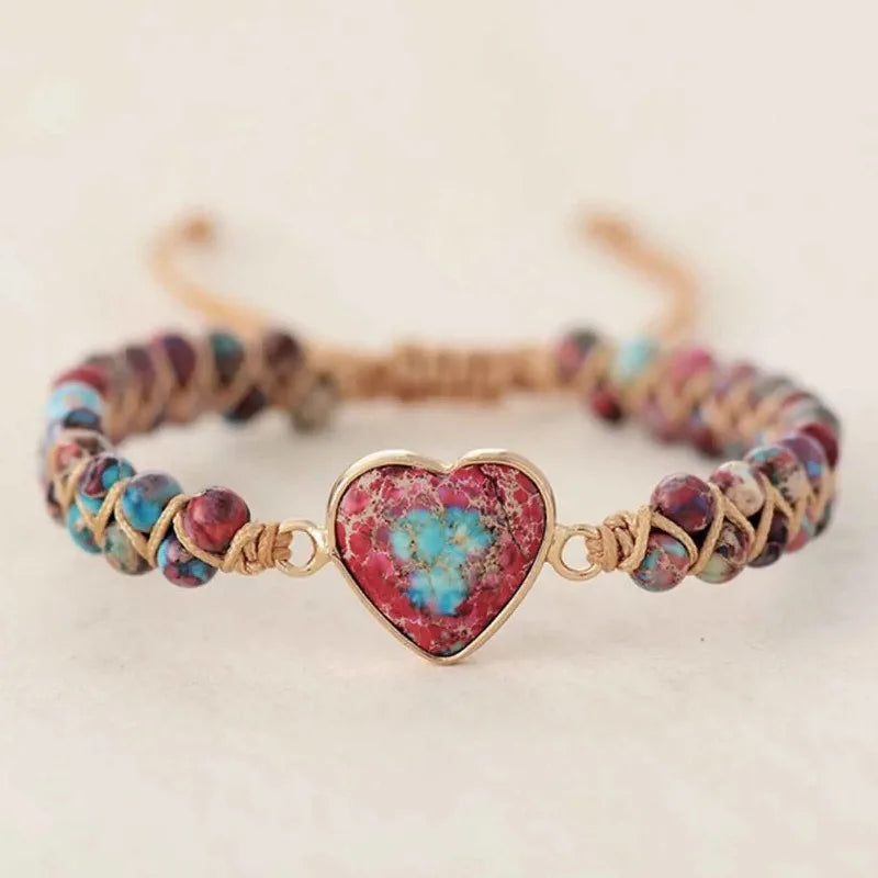braided rope bracelet with red and blue heart gemstone