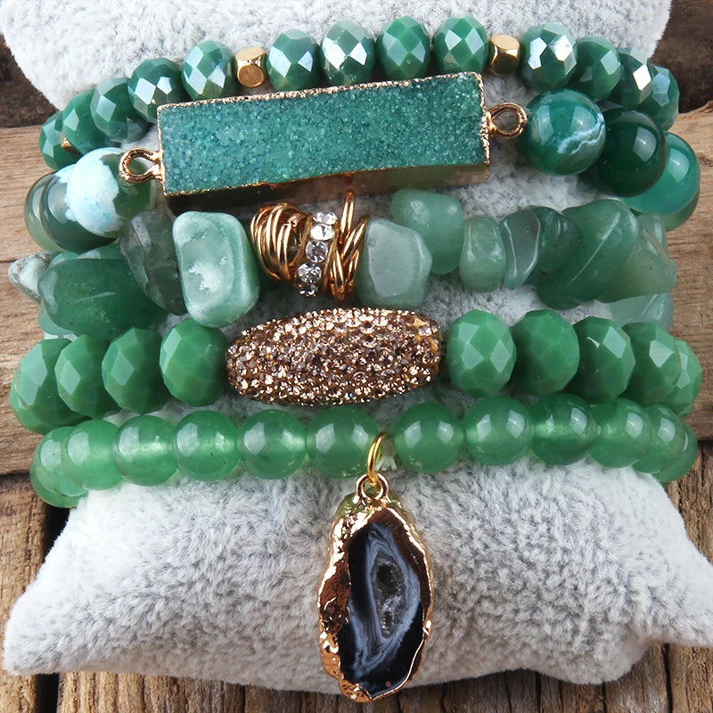green Boho-inspired blue gemstone and crystal bracelet mix