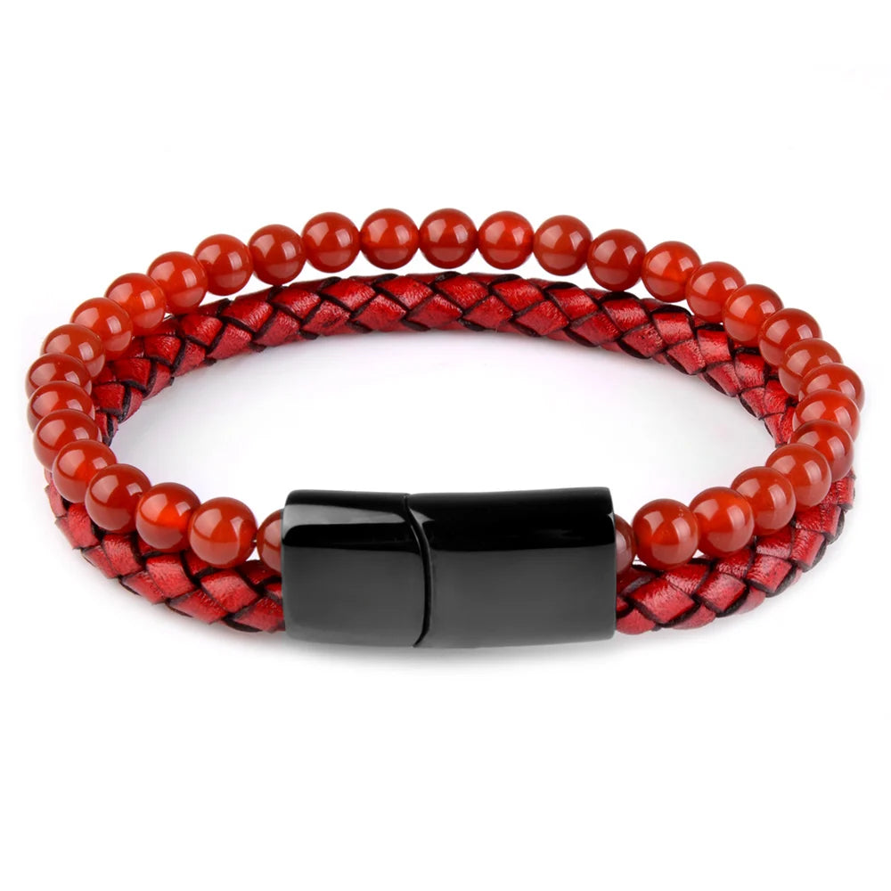 red agate bracelet with dual-color braided leather