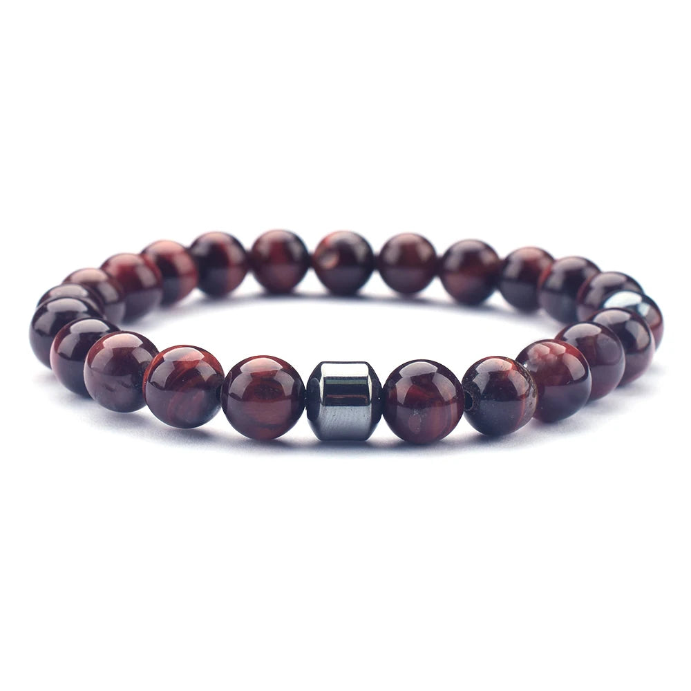 red tiger eye Wellness crystal bracelet on minimal neutral background