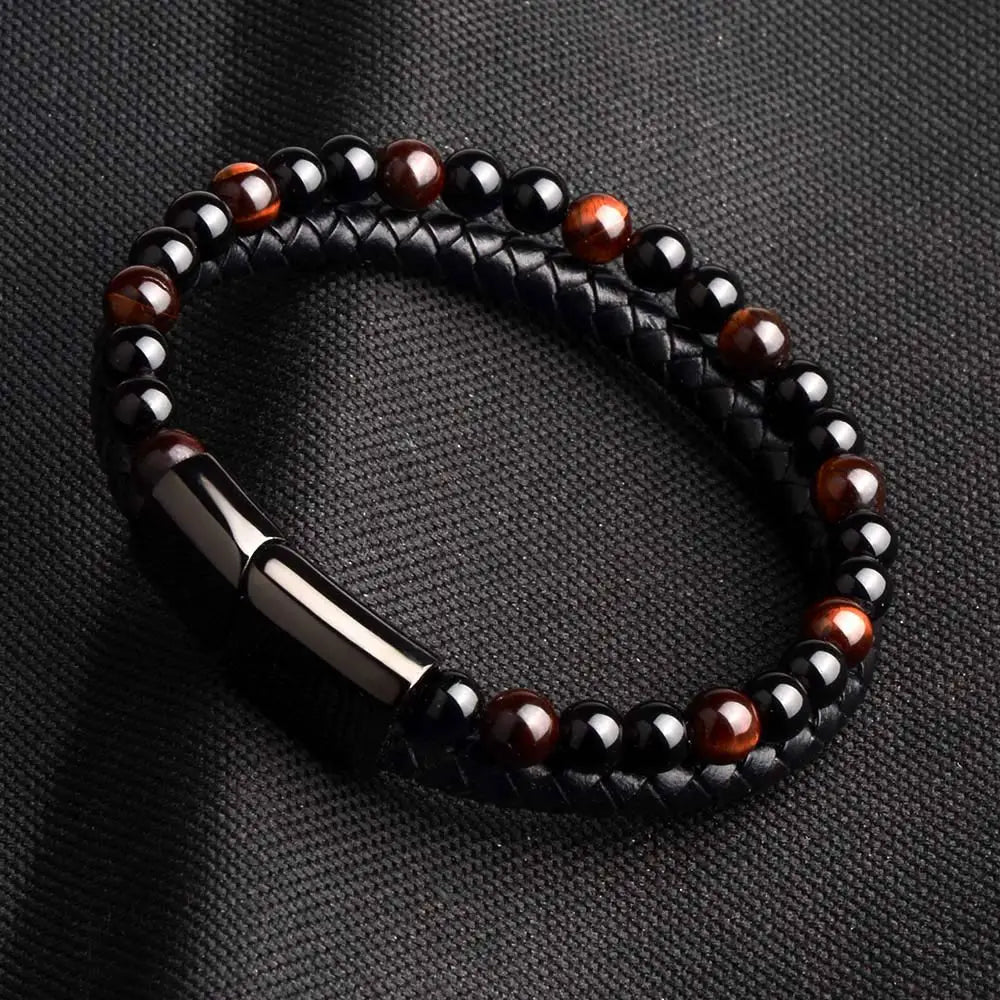 red tiger eye stone bracelet with braided leather