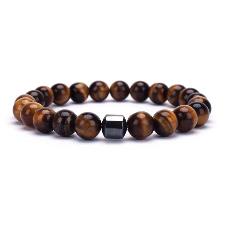 tiger eye- Balanced bead bracelet worn with nature-inspired outfit