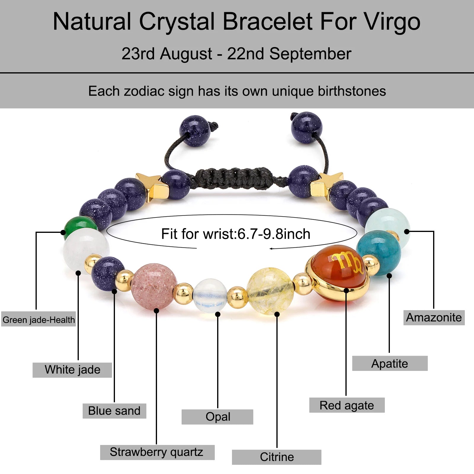 Adjustable braided bracelet with Virgo zodiac charm.