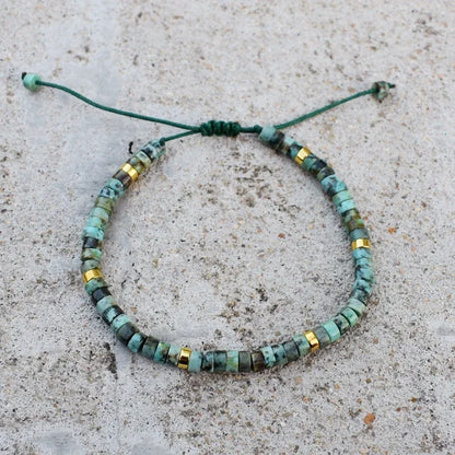 Adjustable lace-up braided bracelet featuring African turquoise stones