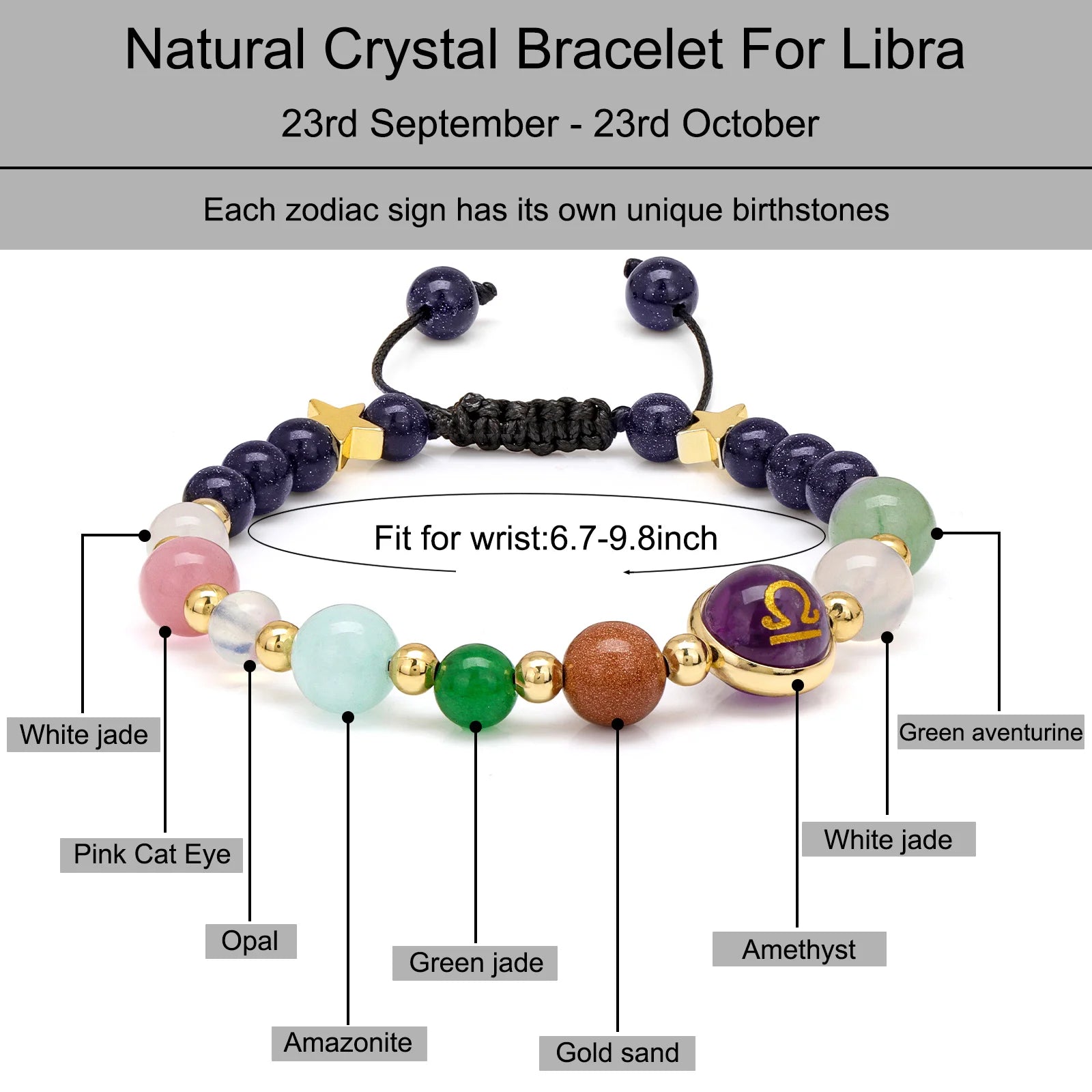 Astrology-inspired unisex Libra bracelet with an adjustable clasp.
