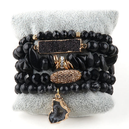 Black minimalist gemstone bracelet set with face charm