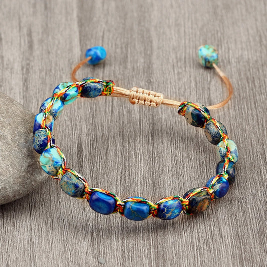 Braided rope bracelet with multicolor square stones