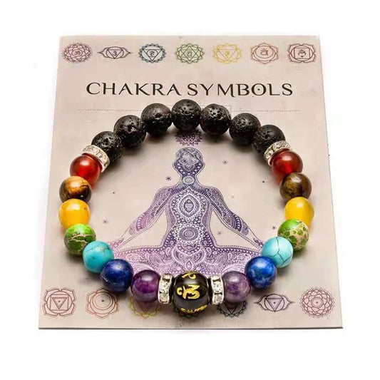 Classic 7 chakra bracelet with black rope braid and natural stones"