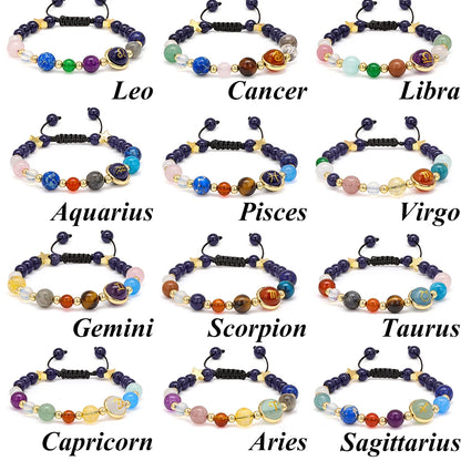 Close-up of a Virgo zodiac bracelet with natural stone beads.