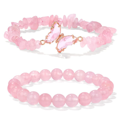 FlutterGrace bracelet set with amethyst and rose quartz stones