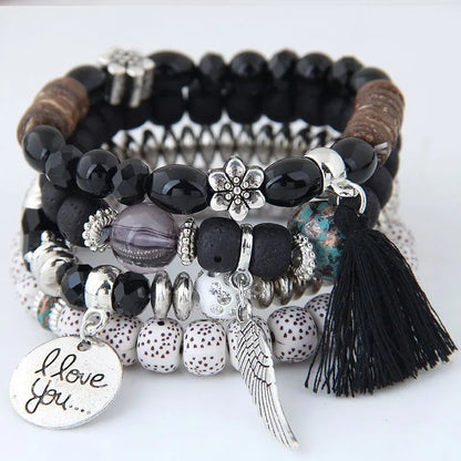 Boho Love Stack – 4-Piece Charm Wrap Bracelet Set