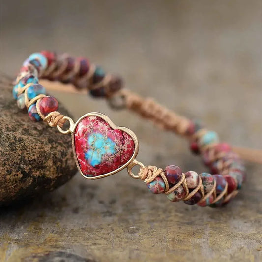 Handmade heart stone bracelet with multicolor natural beads