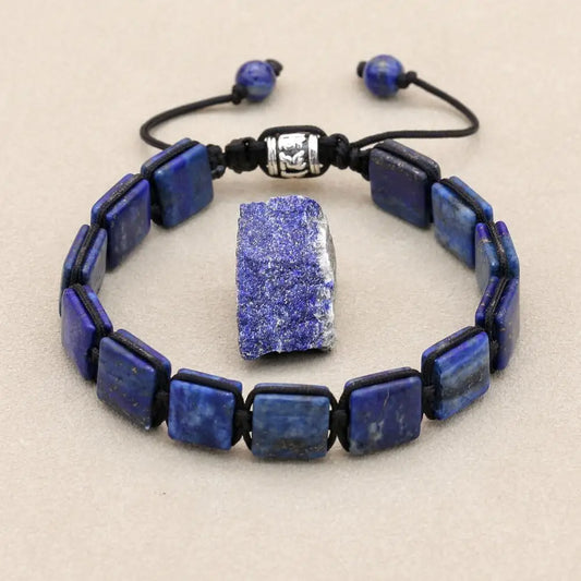 Lapis Lazuli braided bracelet with carved alloy beads.