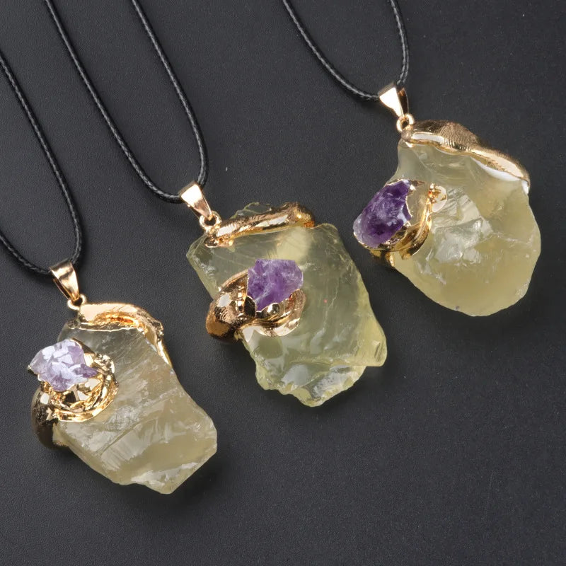 Lemon crystal rough pendant wrapped in gold wire