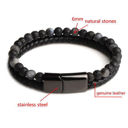 Matte lava stone beads on black braided leather