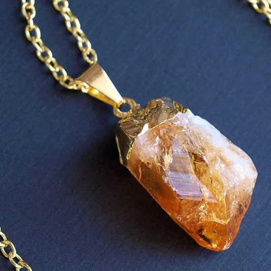 Natural raw citrine crystal pendant with golden cap