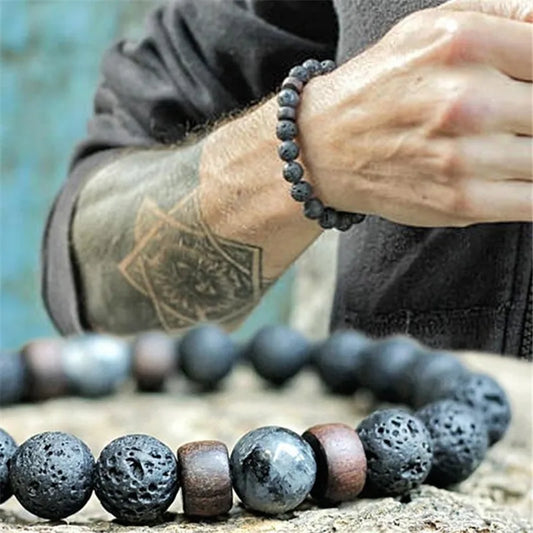 Natural stone and wood bracelet on rope chain
