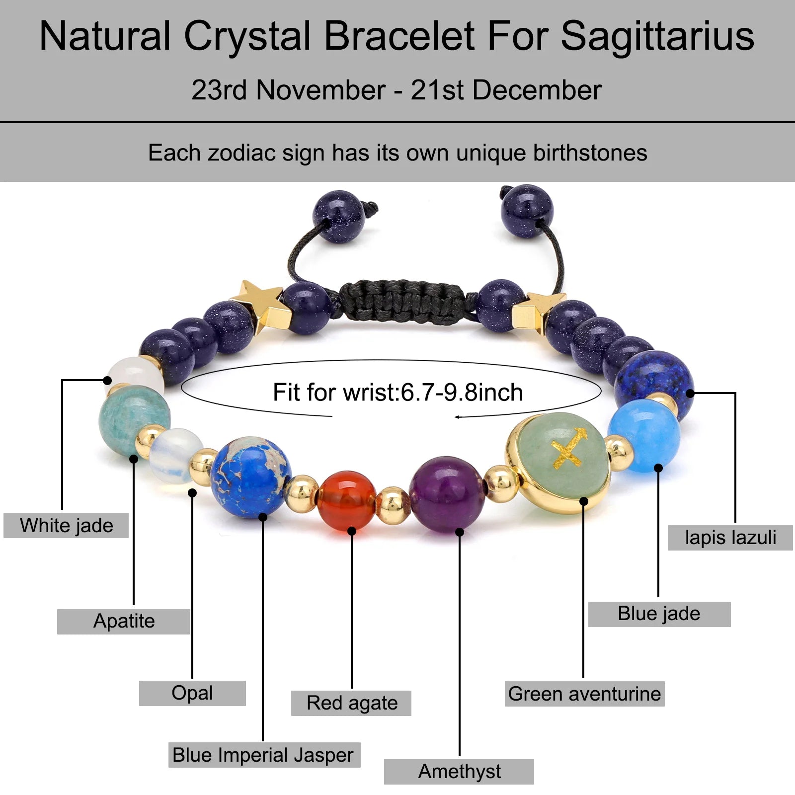 Natural stone beaded bracelet with a sagittarius astrology charm.
