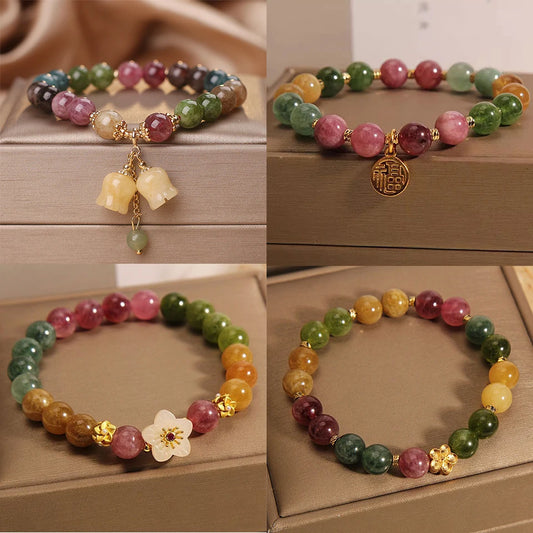 Natural stone tourmaline bracelet with vintage lantern charm