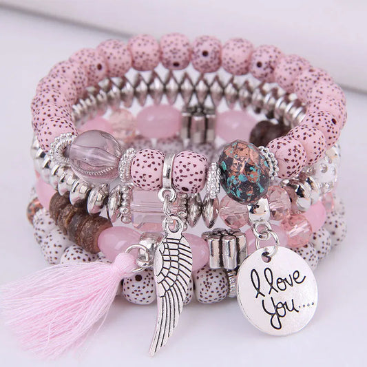 Pink beaded boho bracelet with romantic letter charm