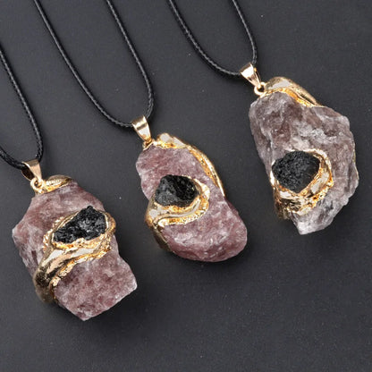 Raw rose quartz pendant on rope chain necklace