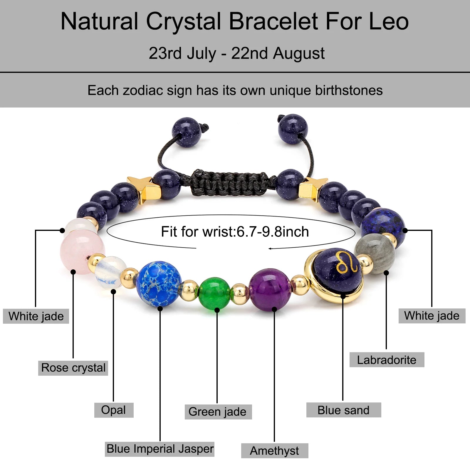 Spiritual energy bracelet with Leo horoscope sign.