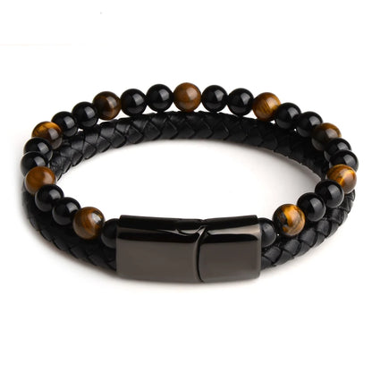 Textured black grid stone bracelet with leather band