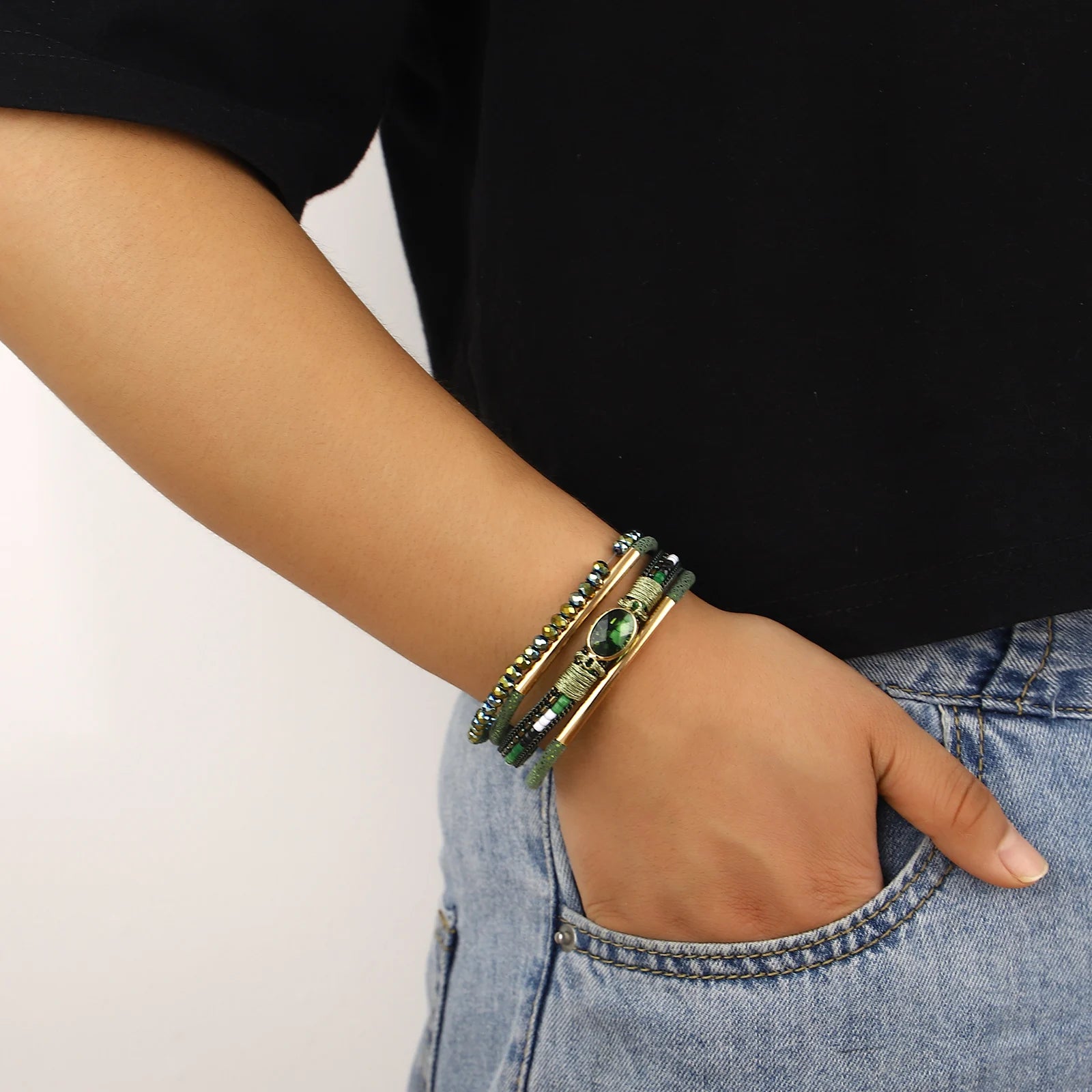 Wide leather cuff with reflective crystal stones