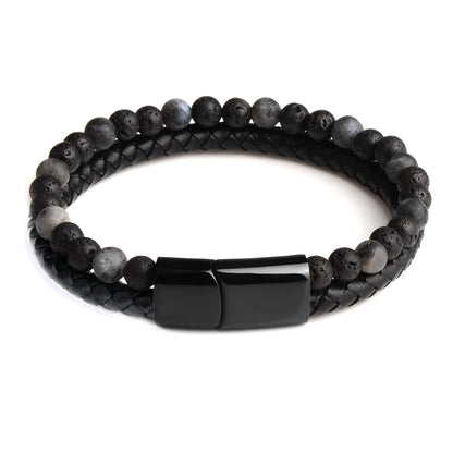 lava stone and black leather bracelet for men